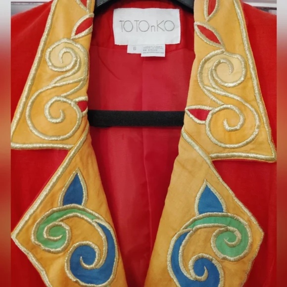 Vintage Linen Vibrant Red Embroidered Blazer Size 6 - Picture 5 of 6